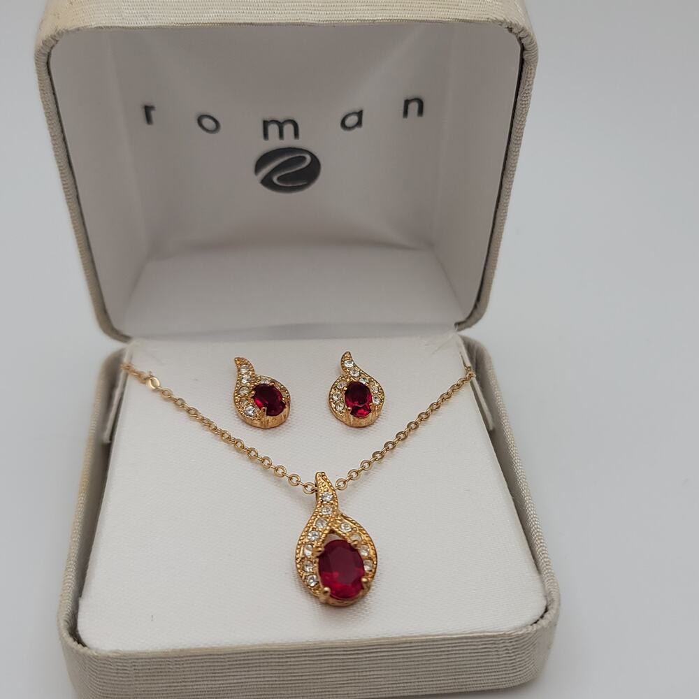 Vintage Roman Jewelry Set Simulated Ruby and Diamond Tear Drop Earrings Pendant